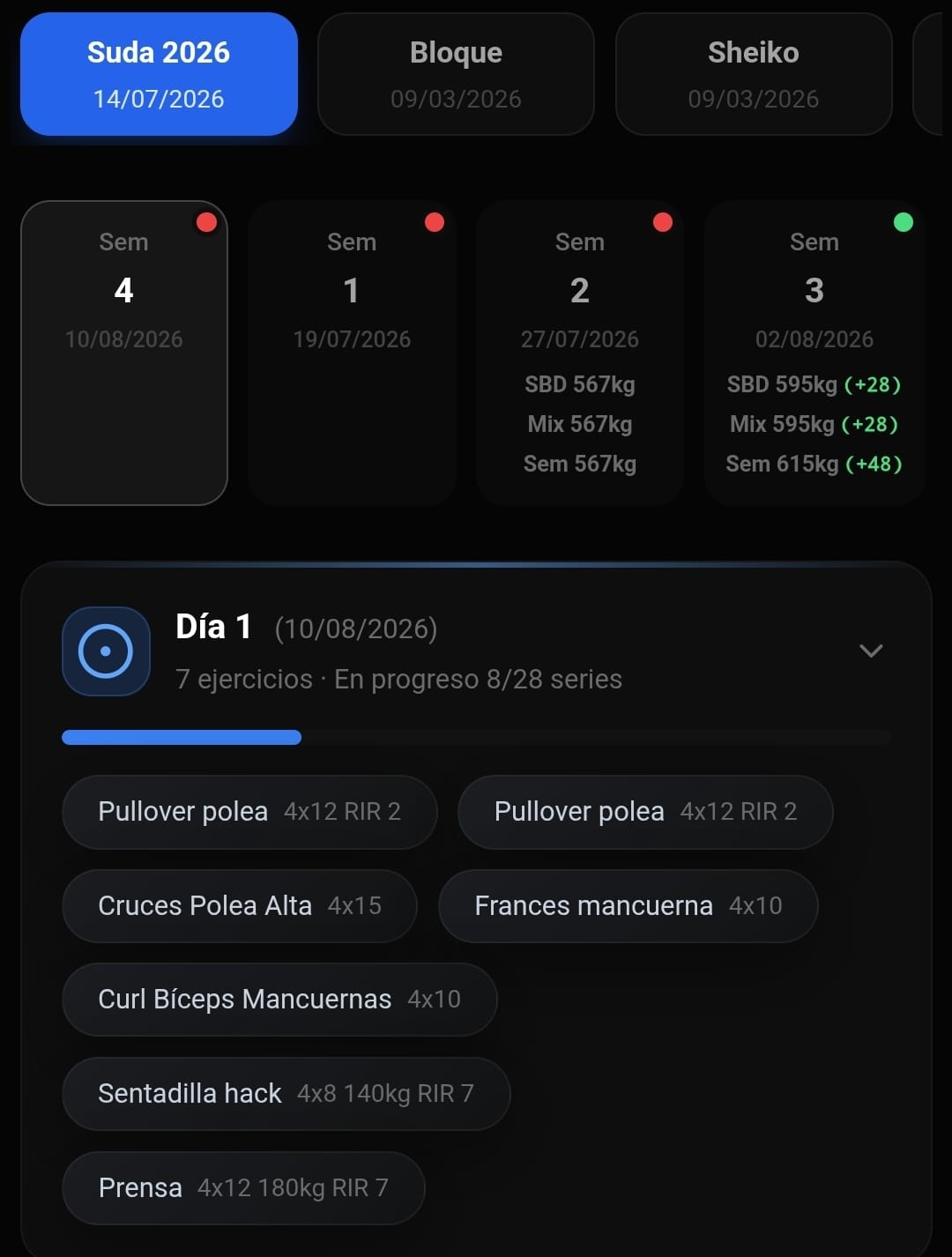 Bloques de entrenamiento, progreso semanal y ejercicios en la app
