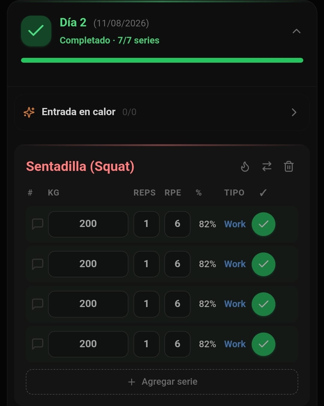 Entrenamiento de sentadilla completado con cargas, repeticiones y RPE en la app